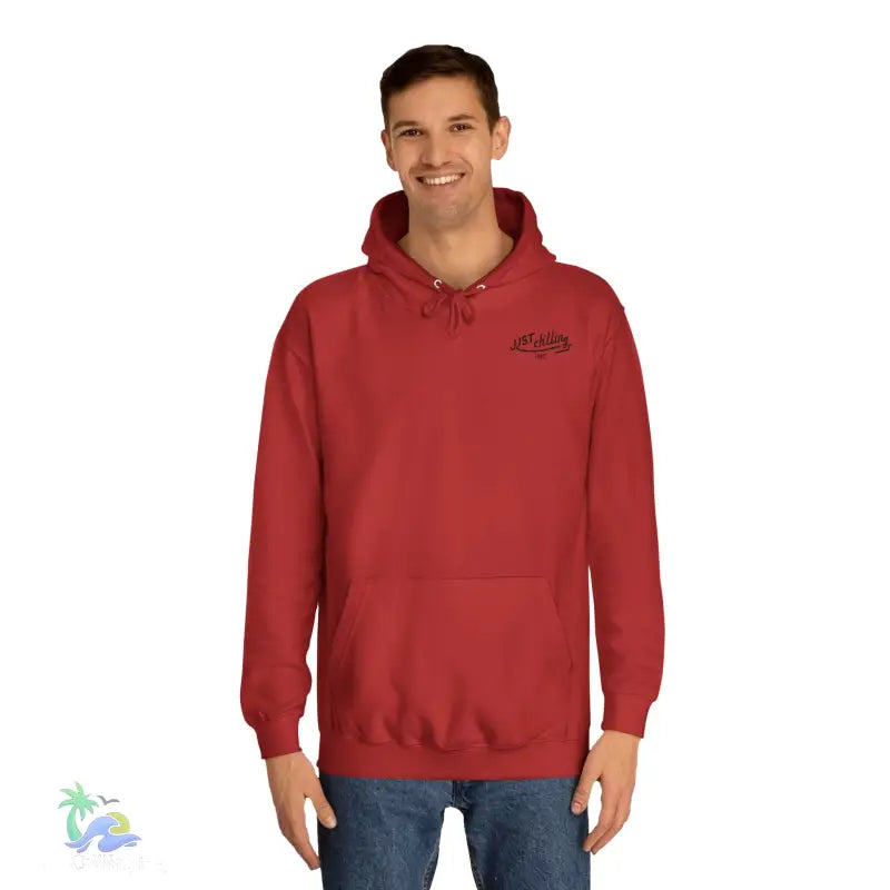Red hooded sweatshirt.