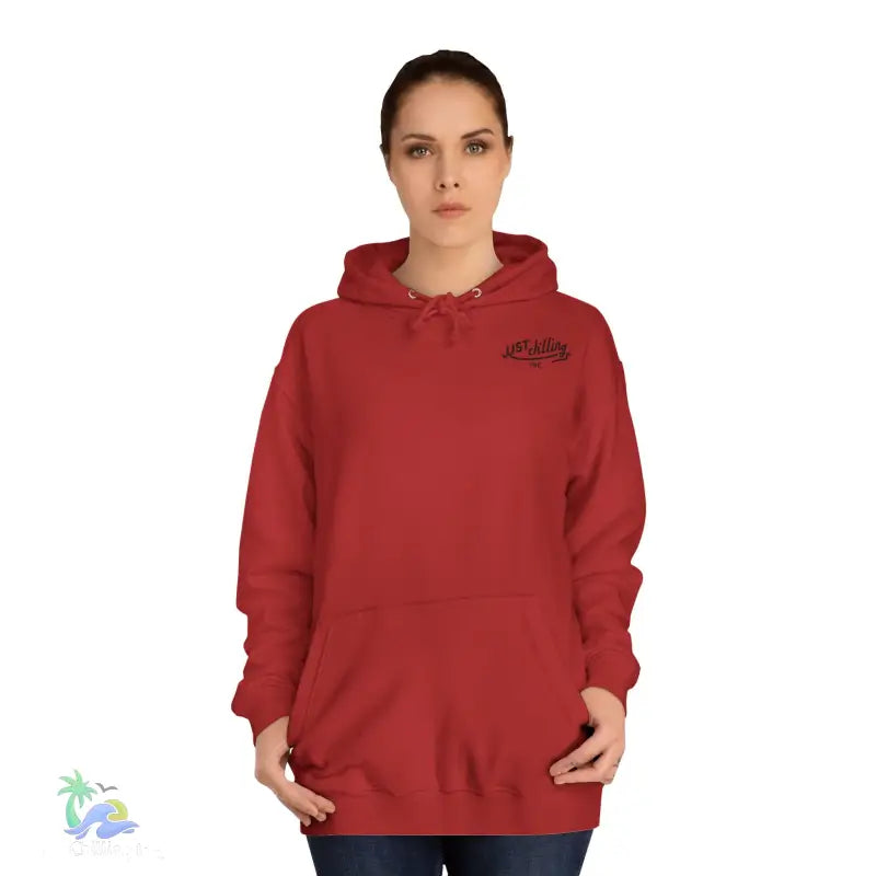 Red hooded sweatshirt.