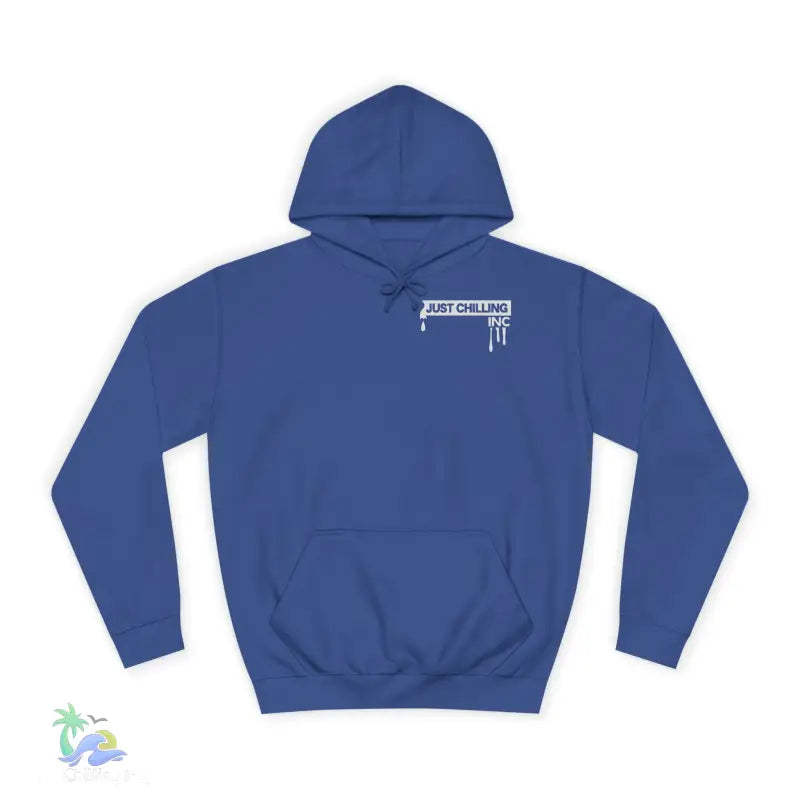 Blue hoodie with white logo.