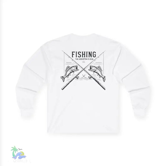 White long-sleeved shirt with fishing graphic.