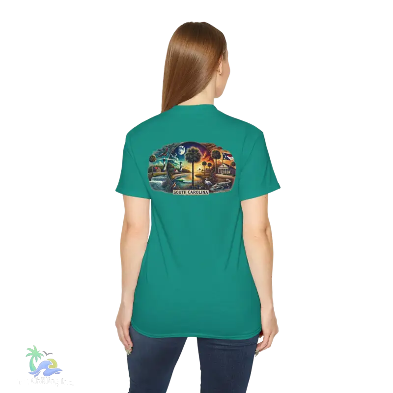 a woman wearing a green t - shirt with a picture of a train on it