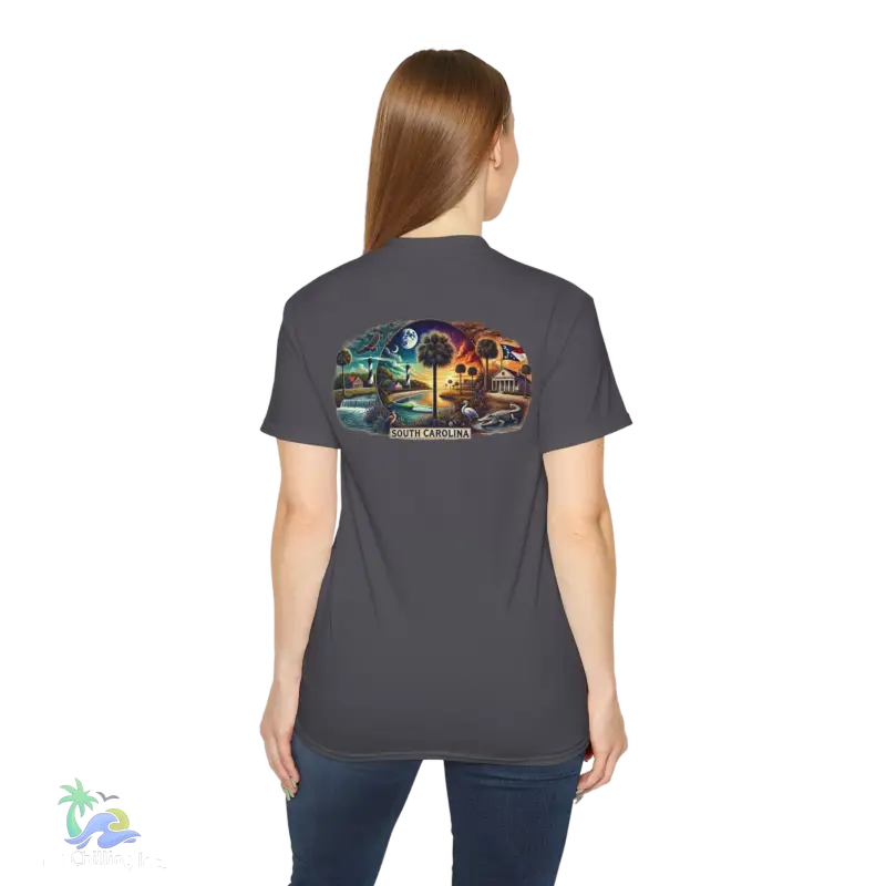 the back of a woman's t - shirt with an image of a car