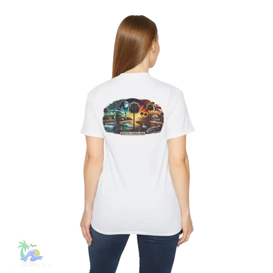 a woman wearing a white t - shirt with a picture of a train on it