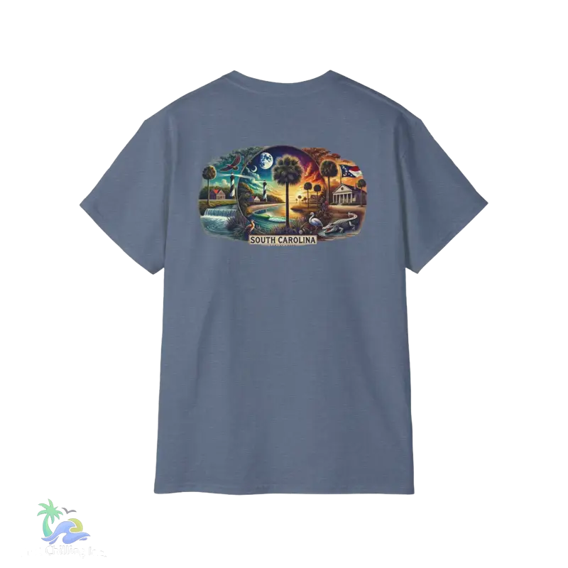 a blue t - shirt with a picture of a city