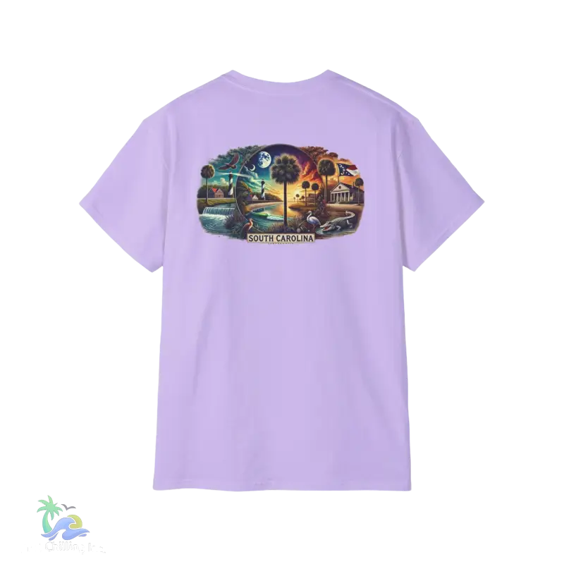 a purple t - shirt with a picture of a car in the background