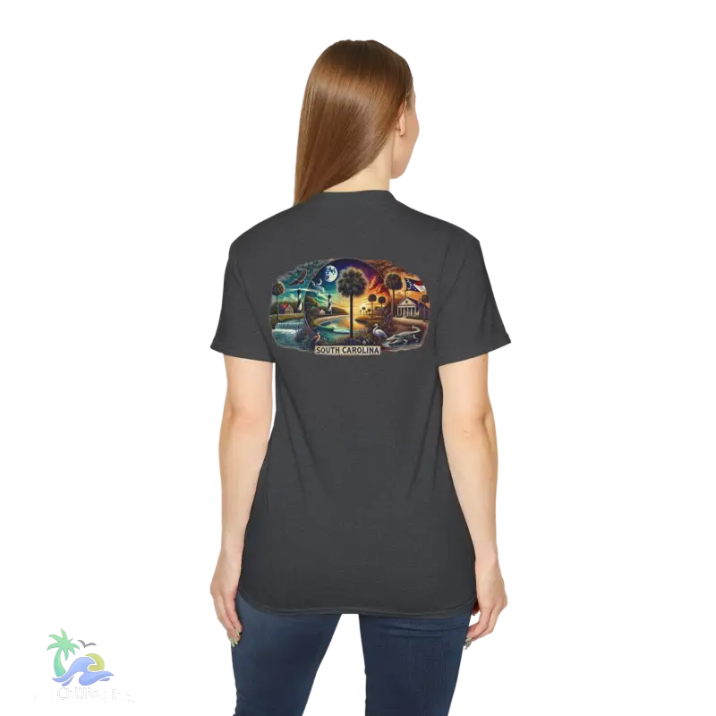 the back of a woman's t - shirt with an image of a car