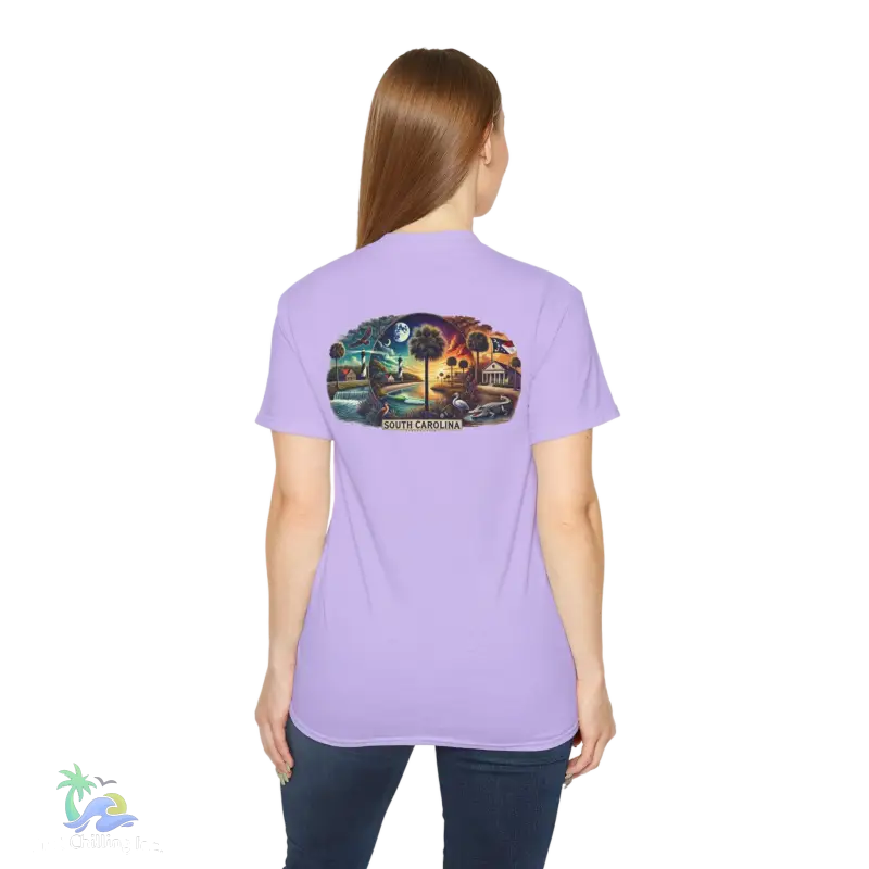 a woman wearing a purple shirt with a picture of a car