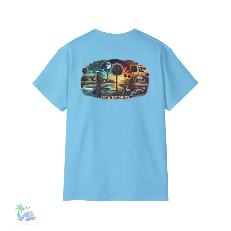 a light blue t - shirt with a picture of a train and trees