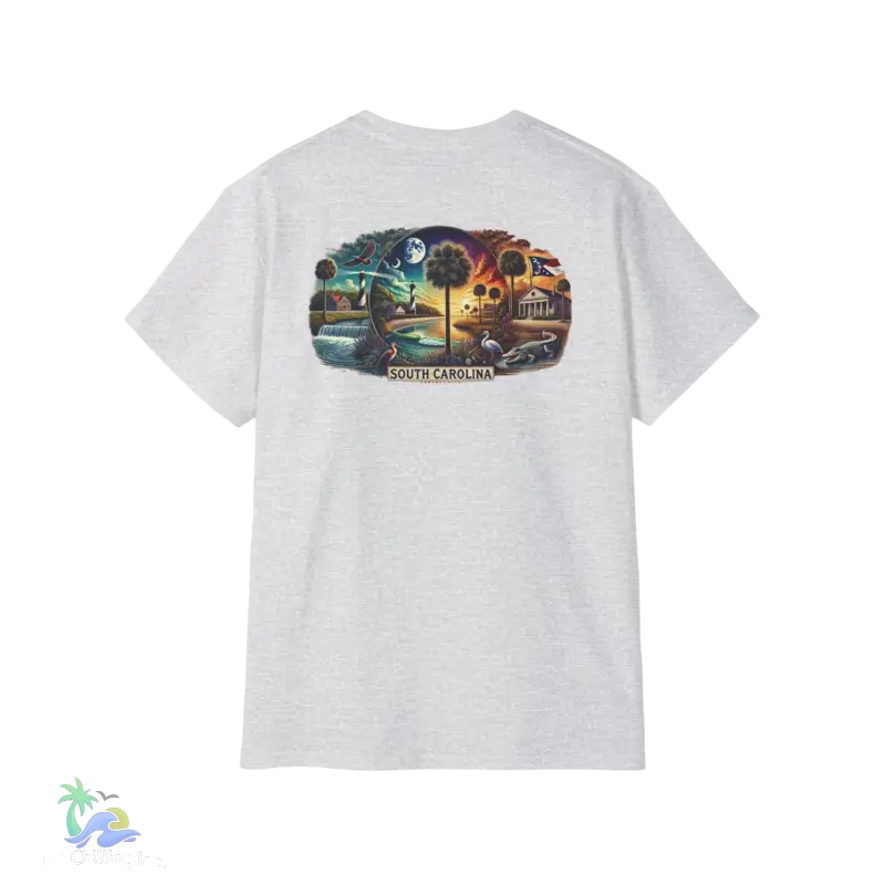 a white t - shirt with a picture of a train and a sky background