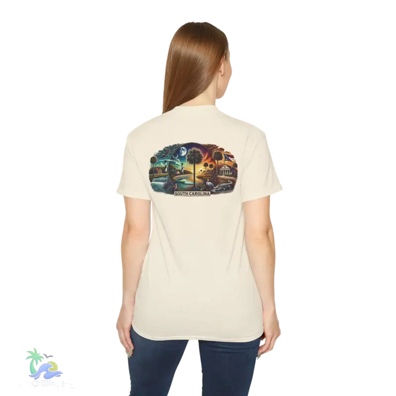 a woman wearing a white t - shirt with a picture of a train on it