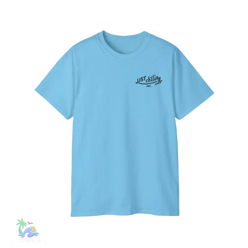 a light blue t - shirt with a black and white logo