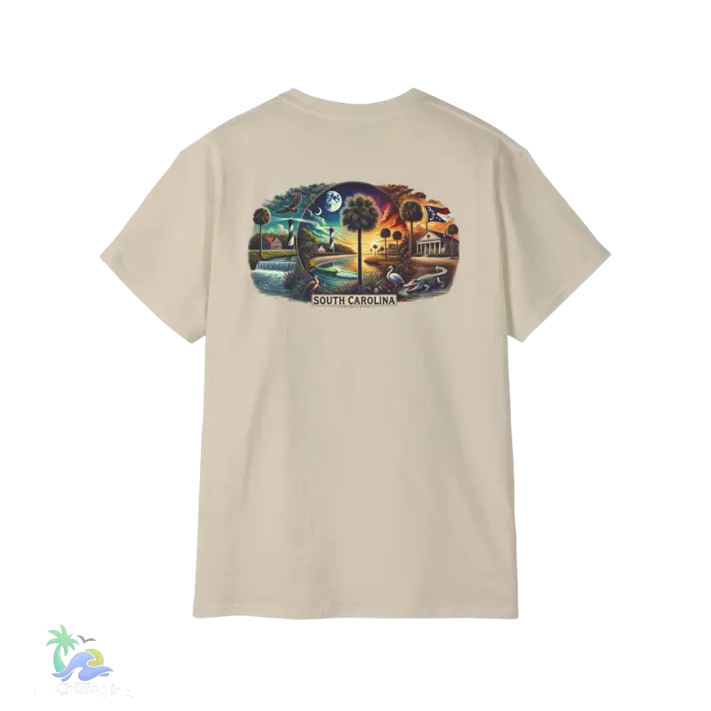 a white t - shirt with a picture of a train and a sky background