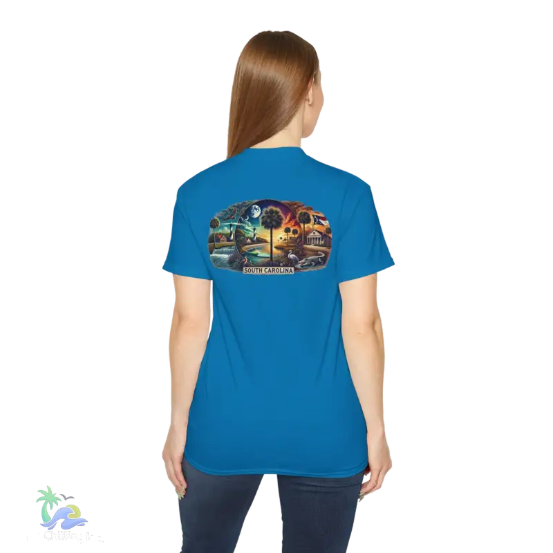 a woman wearing a blue t - shirt with a picture of the back of a