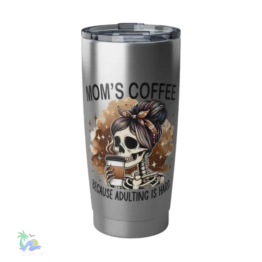 a stainless steel coffee cup with a skull on it