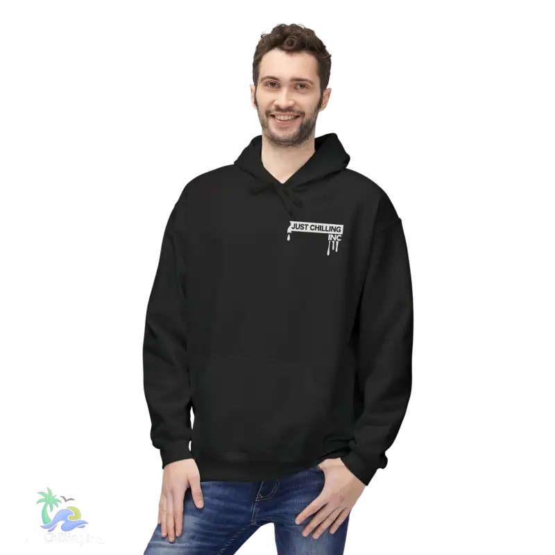 a man wearing a black hoodie with a white logo on it