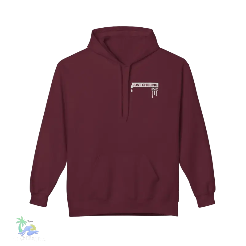 a maroon hoodie with a white sticker on it