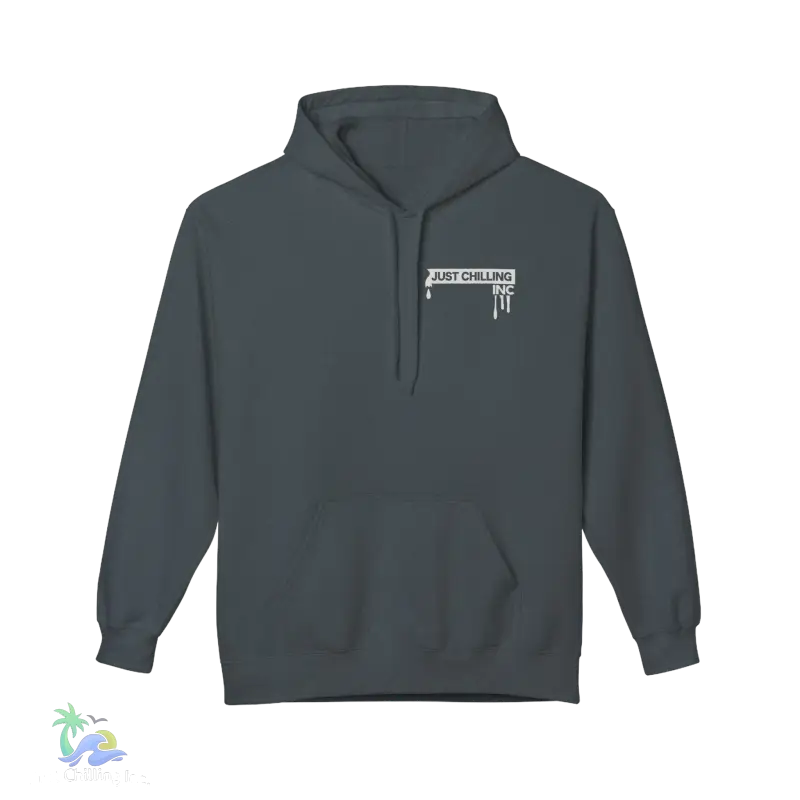 a gray hoodie with a white logo on it