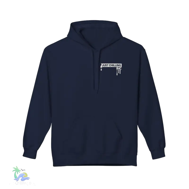 a dark blue hoodie with a white logo on it