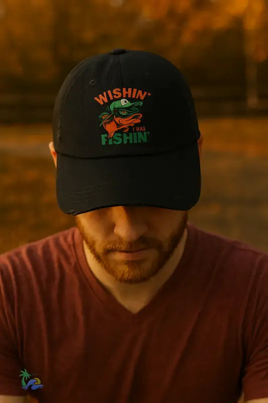 Wishin’ I Was Fishin’ Distressed Cotton Twill Cap | Just Chilling Inc. Hats