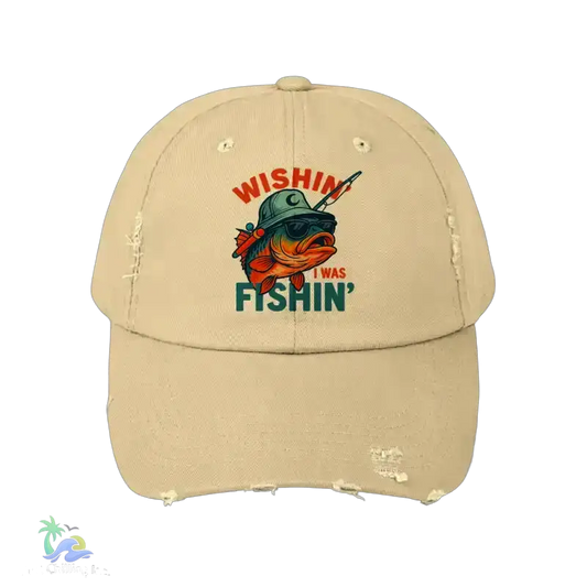 Unisex Distressed Cap wishing I was fishing - Stone / One size - Hats