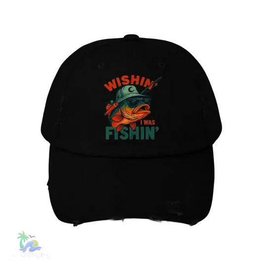 Unisex Distressed Cap wishing I was fishing - Black / One size - Hats