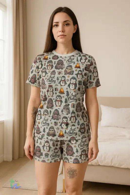 Women's Short Pajama Set – Cozy Sleepwear with Ribbed Collar & Relaxed Fit - Just Chilling Inc.