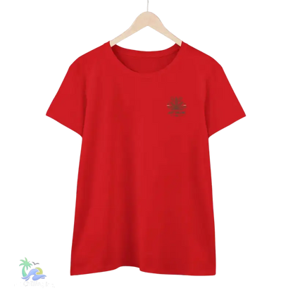 A red t-shirt hanging on a wooden hanger against a black background.
