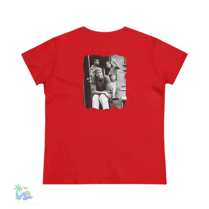 The image is a red T-shirt with a black and white photograph of two people on the back.