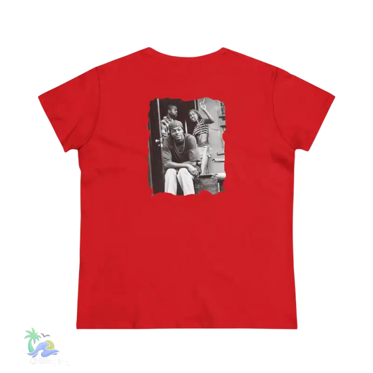 The image is a red T-shirt with a black and white photograph of two people on the back.