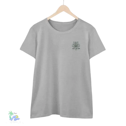 A gray t-shirt with a small logo on the left side of the chest.