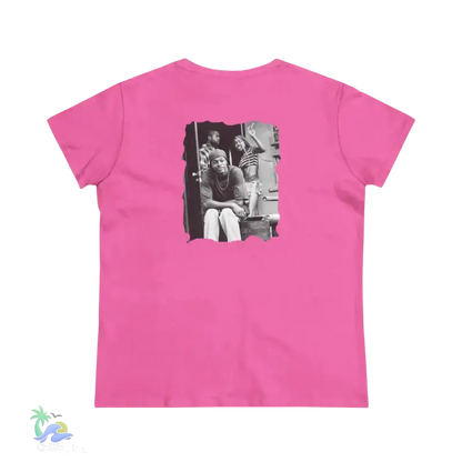 A pink t-shirt with a black and white photograph of two people on the back.