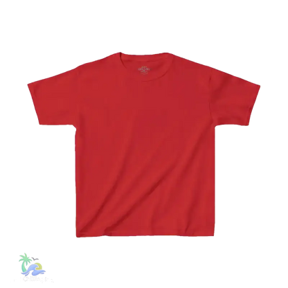 A red t-shirt is shown against a black background.