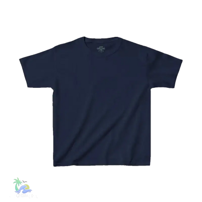 A navy blue t-shirt is shown against a black background.