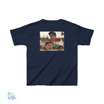 The image is a dark blue t-shirt with a graphic design featuring two people, one of whom is making a funny facial expression. The text on the t-shirt reads "You bob for apples in the weeds and you'll be a girl".