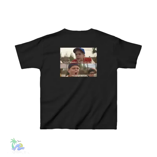 The image is a black t-shirt with a graphic design featuring two people, one of whom is making a funny facial expression. The text on the t-shirt reads "You bob for apples in the hole and you're a girl".