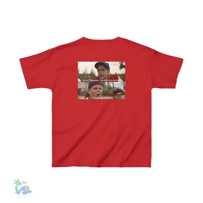 The image is a red t-shirt with a graphic design featuring two people, one of whom is making a funny face. The text on the t-shirt reads "You bob bob bob in the side and you're a girl".