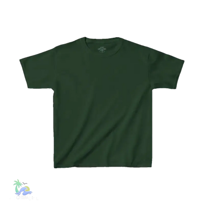 A plain green t-shirt is shown against a black background.