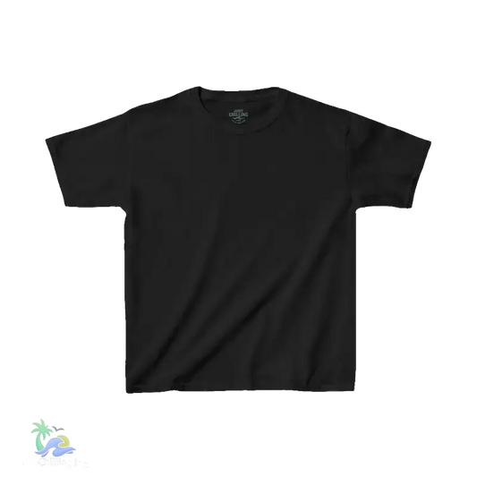 A plain black t-shirt is shown against a black background.